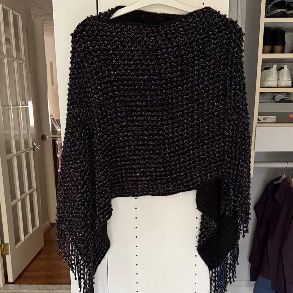 Elegant Black Knit Women's poncho type sweater with silver metallic
